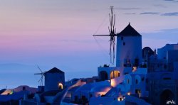 Windmill after sunset in Santorini, Greece